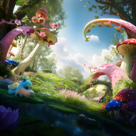 There is a picture of a colorful mushroom garden，There are flowers inside, whimsical fantasy landscape art, beautiful render of ...