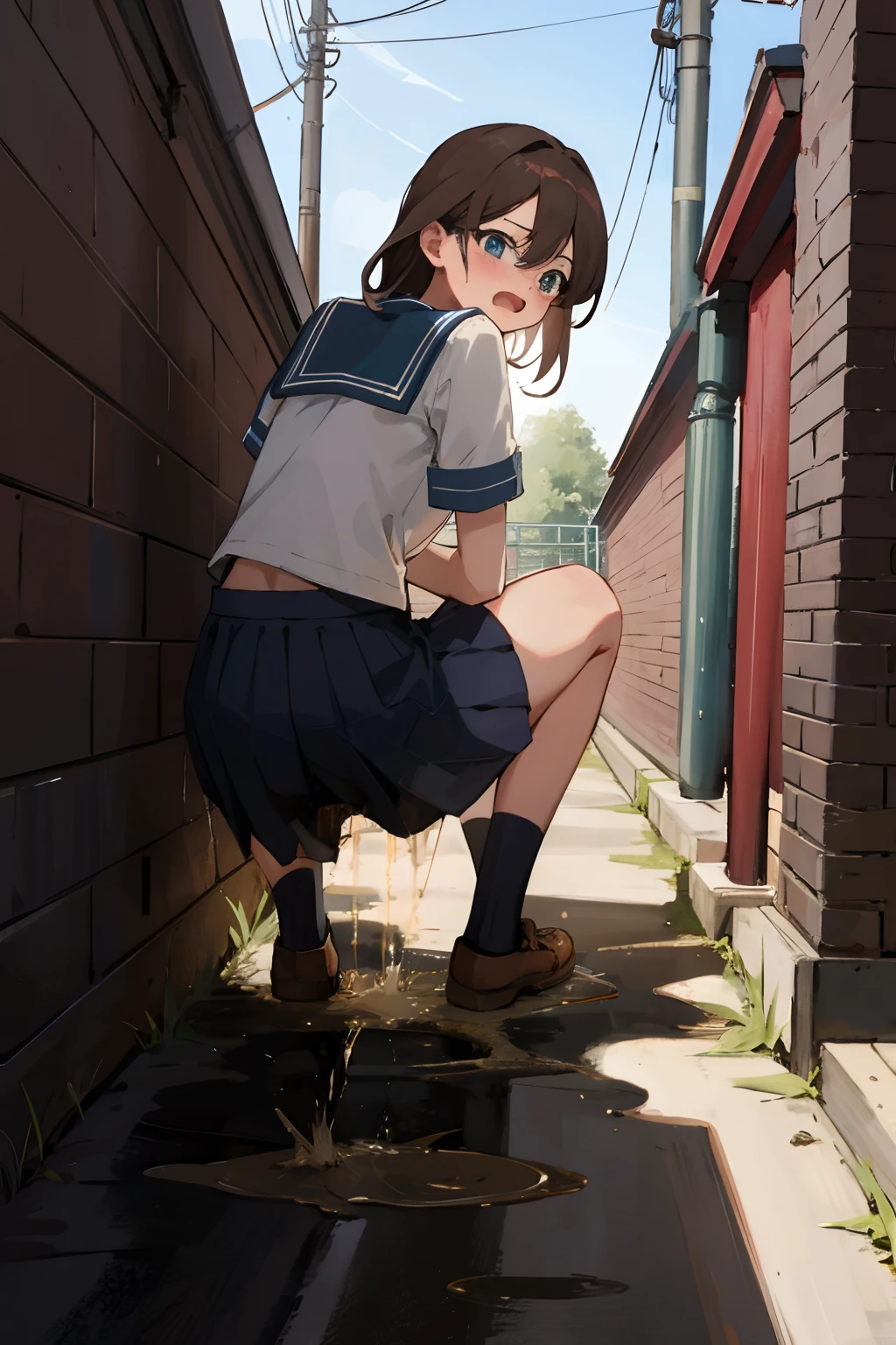 Anime girl kneeling down on a puddle of water in a alley - SeaArt AI