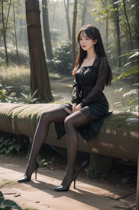 (full body:1.5)，(1girl:1.3),(view the viewer:1.4)，(anatomy correct:1.3),(sitting in the forest:1.2),(Wearing a Hot weather Style...