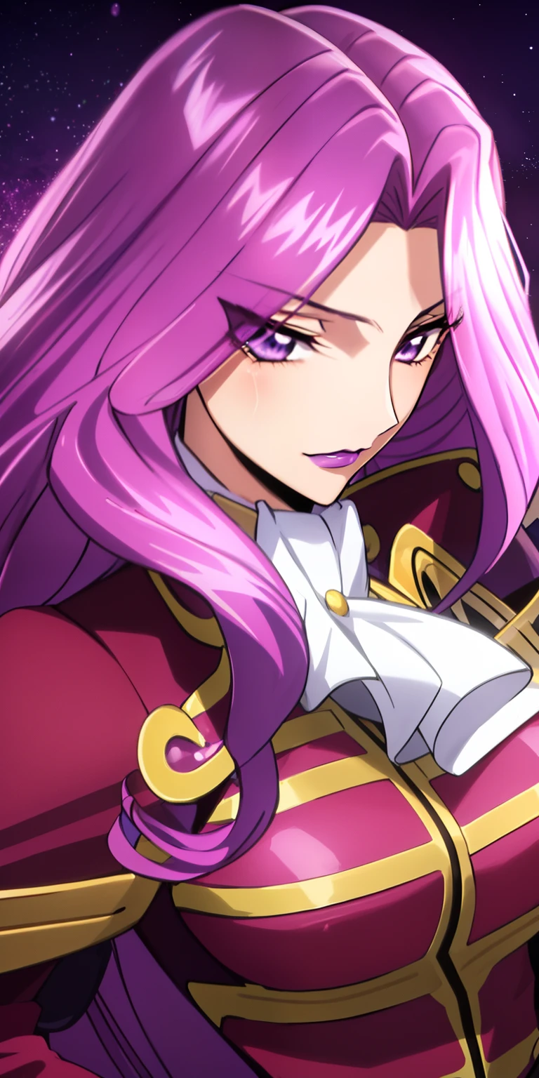 cornelia_li_britannia, huge breasts, solo, standing, cornelia_military_uniform,, masterpiece, best quality, detailed face, detailed eyes, highres, code Geass Corneille purple eyes purple hair purple lip (masterpiece), best quality, expressive eyes, Beautiful FingerBeautiful body,Beautiful Nose,Beautiful character design, perfect eyes, perfect face,  
NSFW,official art,extremely detailed CG unity 8k wallpaper, perfect lighting,Colorful, Bright_Front_face_Lighting,
(masterpiece:1.0),(best_quality:1.0), ultra high res,4K,ultra-detailed,
photography, 8K, HDR, highres, absurdres:1.2, Kodak portra 400, film grain