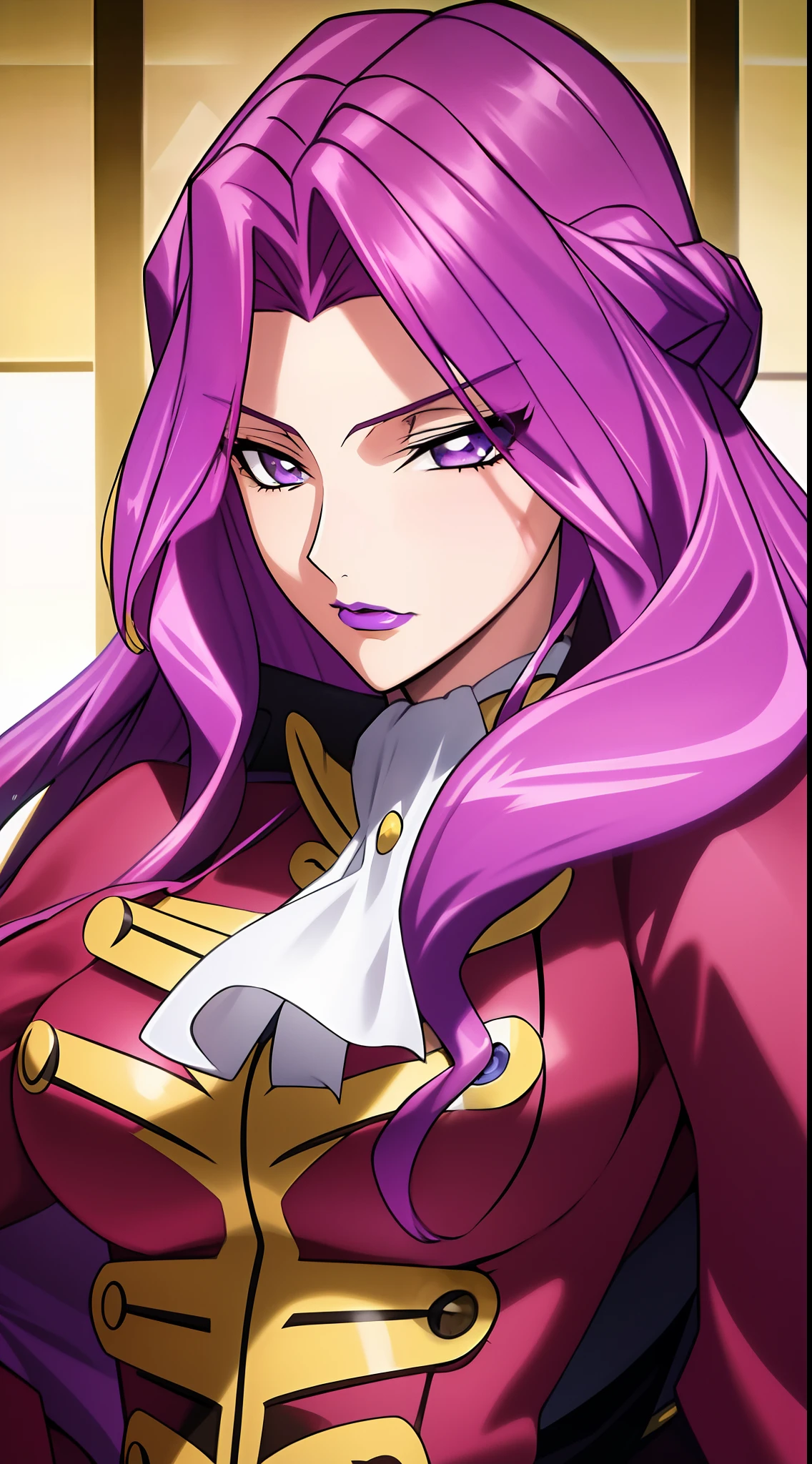 cornelia_li_britannia, huge breasts, solo, standing, cornelia_military_uniform,, masterpiece, best quality, detailed face, detailed eyes, highres, code Geass Corneille purple eyes purple hair purple lip (masterpiece), best quality, expressive eyes, Beautiful FingerBeautiful body,Beautiful Nose,Beautiful character design, perfect eyes, perfect face,  
NSFW,official art,extremely detailed CG unity 8k wallpaper, perfect lighting,Colorful, Bright_Front_face_Lighting,
(masterpiece:1.0),(best_quality:1.0), ultra high res,4K,ultra-detailed,
photography, 8K, HDR, highres, absurdres:1.2, Kodak portra 400, film grain