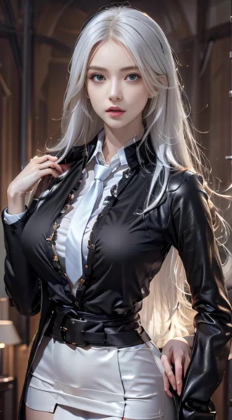 Photorealistic, high resolution, 1 Women, Solo, Waist up, Beautiful eyes, Close lips, Detailed face, White hair, Long hair, Coll...