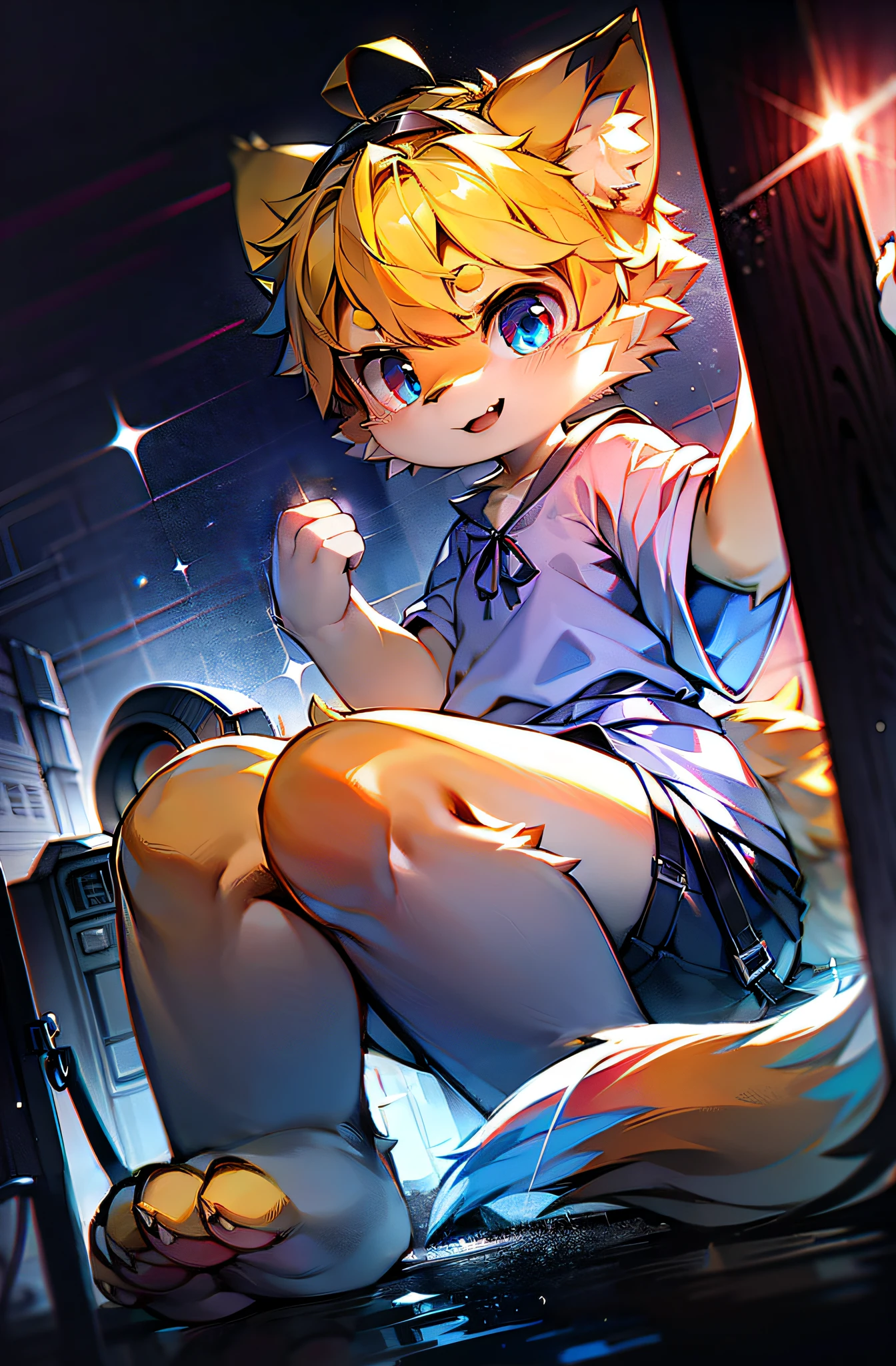 Shota, White clothes printed with black cat's paws, blonde hair, ahoge, short hair, big hair, expressive hair, shiny hair, animal hood, cat hair ornament, orange hairband, half-closed eyes, color contact lenses, cat ears, evil smile, shy, fang, fang out, anime, anime style, high detail, ray tracing, bloom, zoom layer, wide shot, lens flare, Ultra-Wide Angle, chiaroscuro, anaglyph, UHD, retina, masterpiece, ccurate, textured skin, super detail, high details, high quality, award winning, best quality, highres, 16k