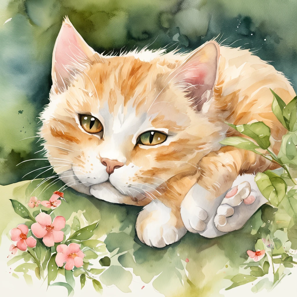 Pintura de um gato deitado em uma almofada com flores e folhas - SeaArt AI