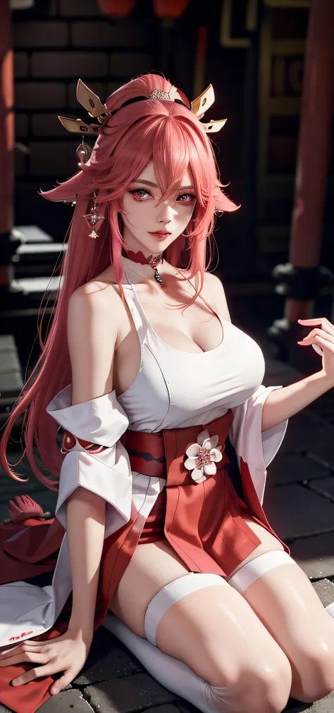（tmasterpiece，Need，1girl，solo，The details are complex，color difference），photorealestic，（（Medium breath）），cropped shoulders，Raised sexy，yae miko，Pink Long Hair，red headgear，Red highlight，Hair above one eye，Red-eyed eyes，耳Nipple Ring，sharp look，Perfectly sym...