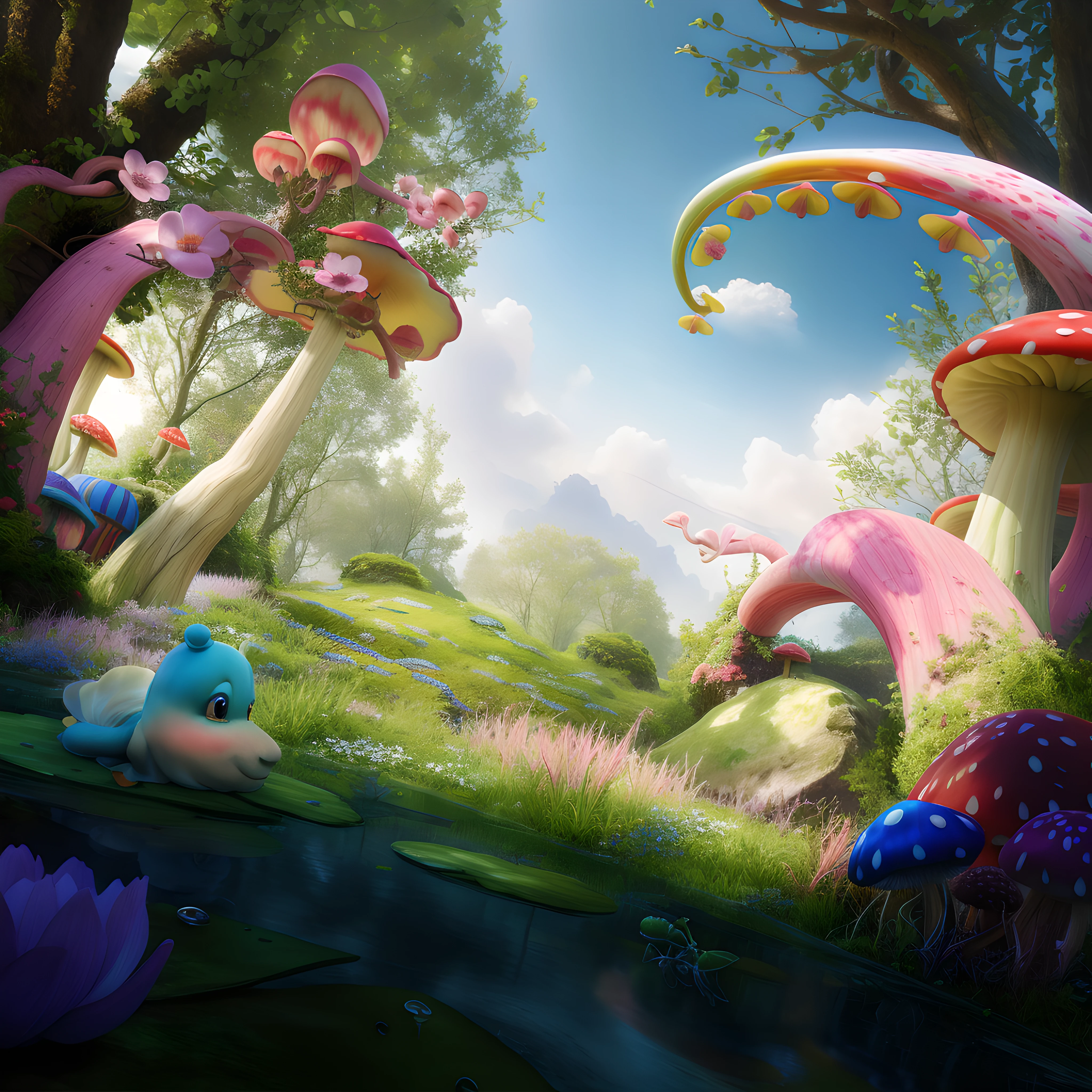 There is a picture of a colorful mushroom garden，There are flowers inside, whimsical fantasy landscape art, beautiful render of a fairytale, fantasy matte painting， Rolands Zilvinskis 3D rendering art, Beautiful digital artwork, Realistic fantasy rendering, fantasy magical vegetation, beautiful 3d concept art, 4k highly detailed digital art, colorfull digital fantasy art, From Alice in Wonderland