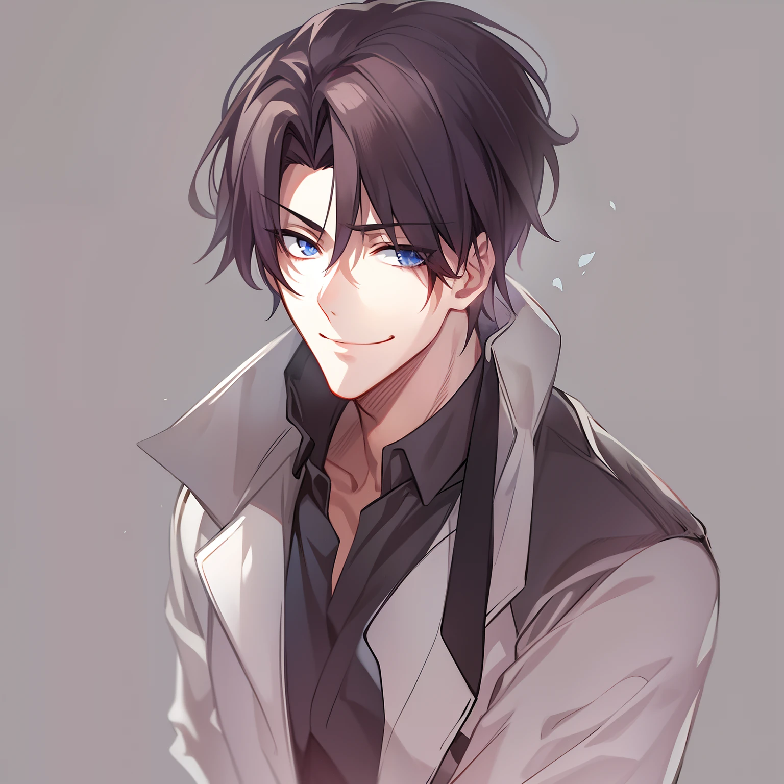 anime handsome guy, Anime portrait of a handsome man, in her 20s, A dark-haired, A simply dressed, simple background, The background is all white, Troubled look, Smile thinly, villainess,