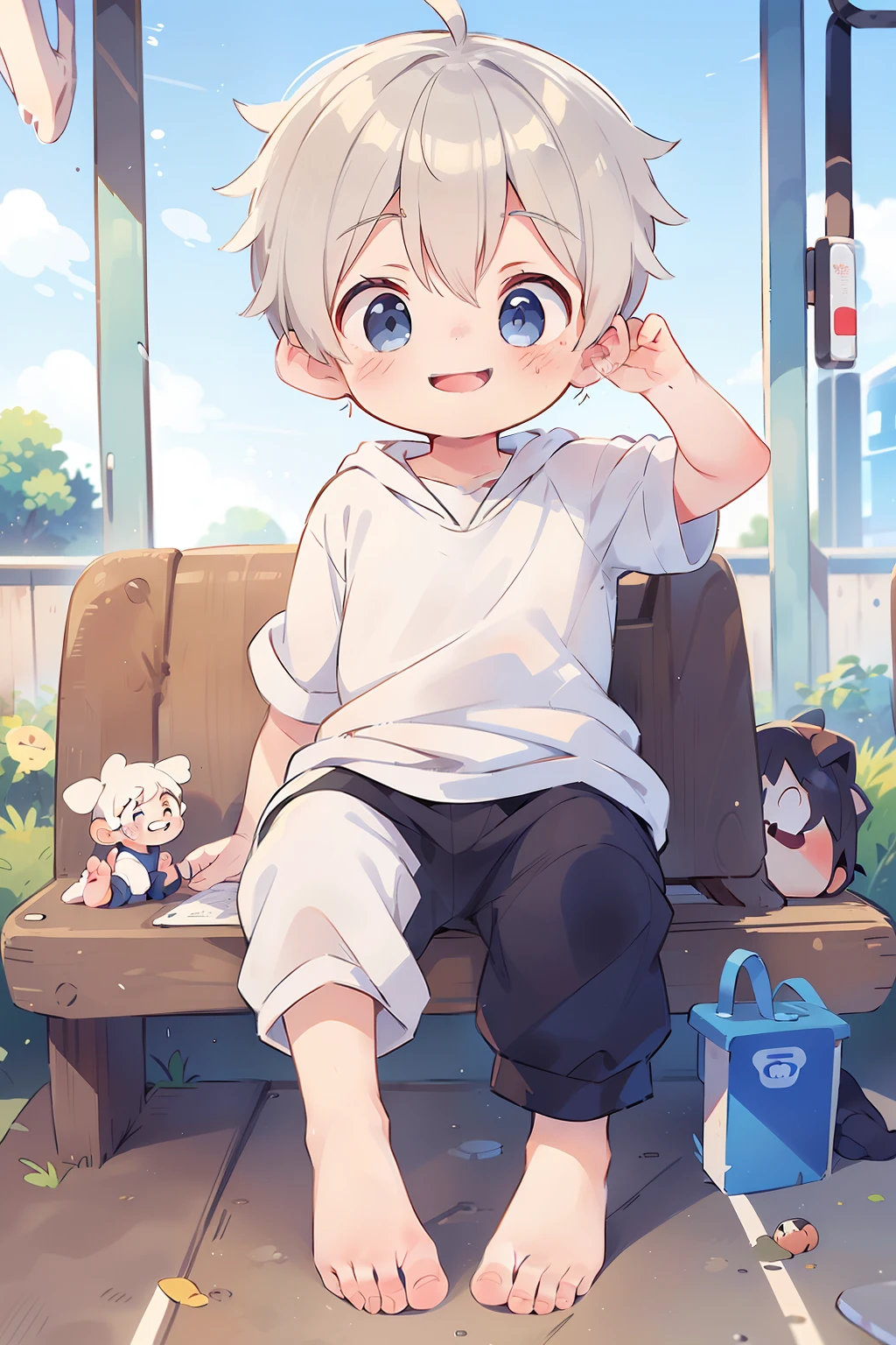 Masterpiece, chubby Little boy with white hair and shiny bright blue eyes and barefoot wearing a hoodie, and oversized sweatpants sitting in a train, young, boy, child, small, toddler, soft light, (sweatpants:1.4), (Boy:1.4), (Shota:1.4), (Young:1.4), (Male:1.4), (smiling:1.4), (foot:1.4), (shy:1.4),