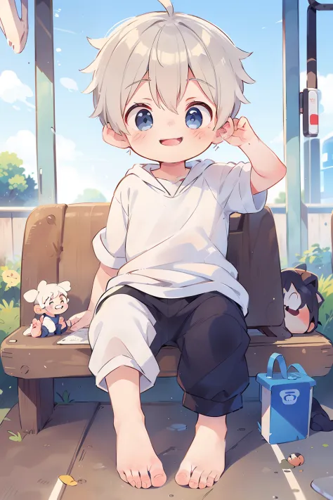 Masterpiece, chubby Little boy with white hair and shiny bright blue eyes and barefoot wearing a hoodie, and oversized sweatpant...