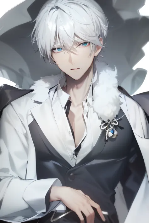 Anime man with white hair, black suit, and white collar worker, Tall anime guy with blue eyes, male anime character, white haire...