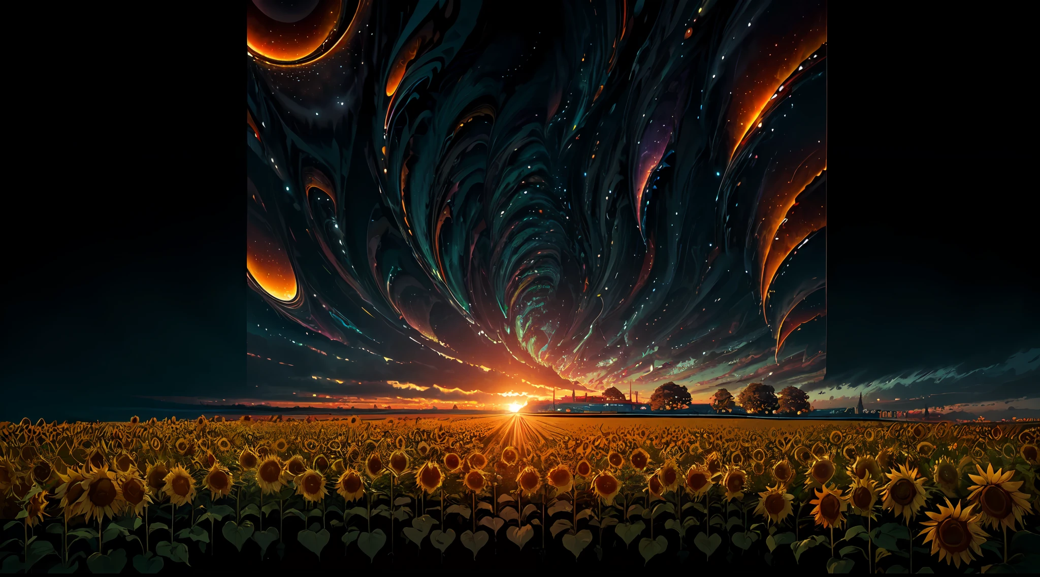 ((Midsummer Dusk)),sunflowers fields、Seven colors，twlight、glitched::1.6, Digital Noise,(Best Impact:1.5), (maximalism:1.8), Vivid contrast, (Realistic), hyperrealistic illustrations, hight resolution, ultra-detailliert, absurderes,(Fractal Art:1.3)、Precise focus、randome pose、cinema4d、Drama