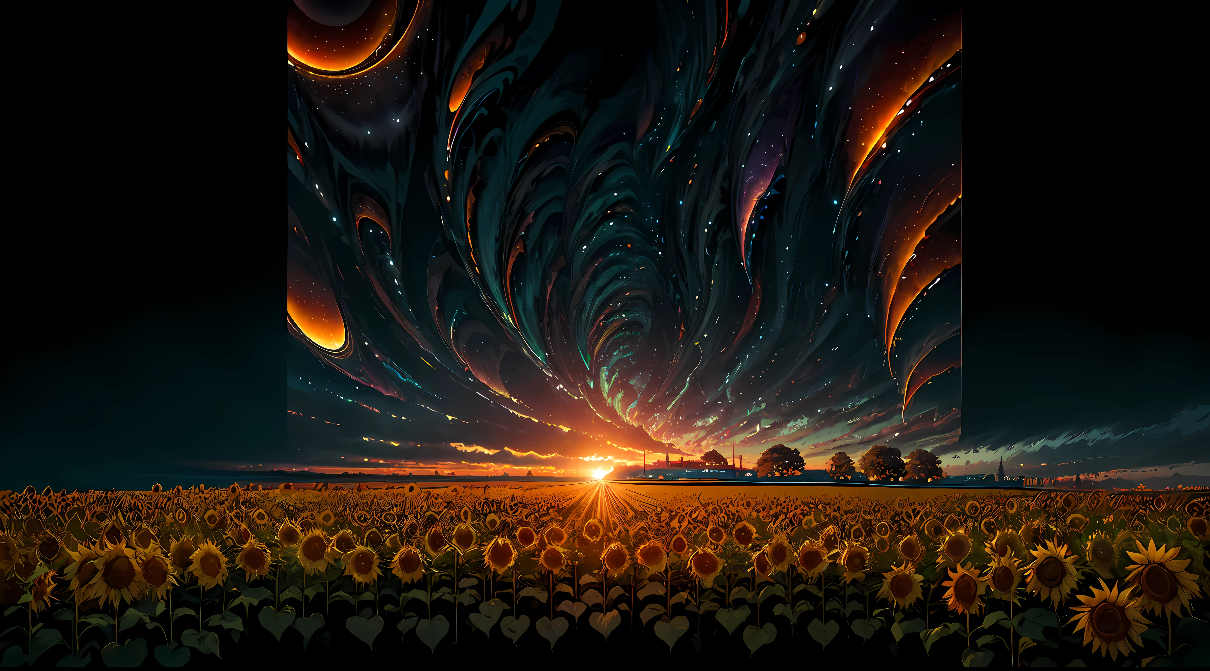 ((Midsummer Dusk)),sunflowers fields、Seven colors，twlight、glitched::1.6, Digital Noise,(Best Impact:1.5), (maximalism:1.8), Vivid contrast, (Realistic), hyperrealistic illustrations, hight resolution, ultra-detailliert, absurderes,(Fractal Art:1.3)、Precise focus、randome pose、cinema4d、Drama