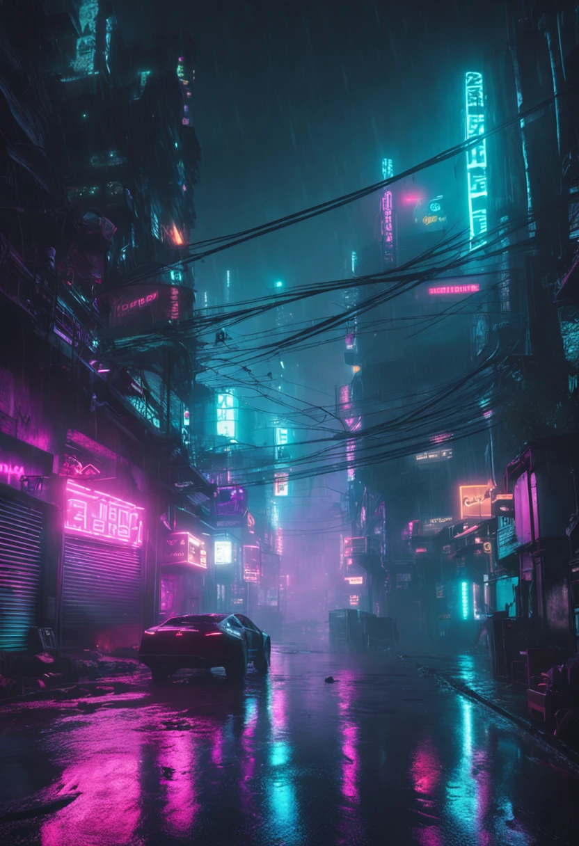 "Neon-lit cyberpunk streets, futuristic cityscape, dystopian artwork in the dark, 4k wallpaper. Rainy and foggy atmosphere, evoking a moody and desolate future."