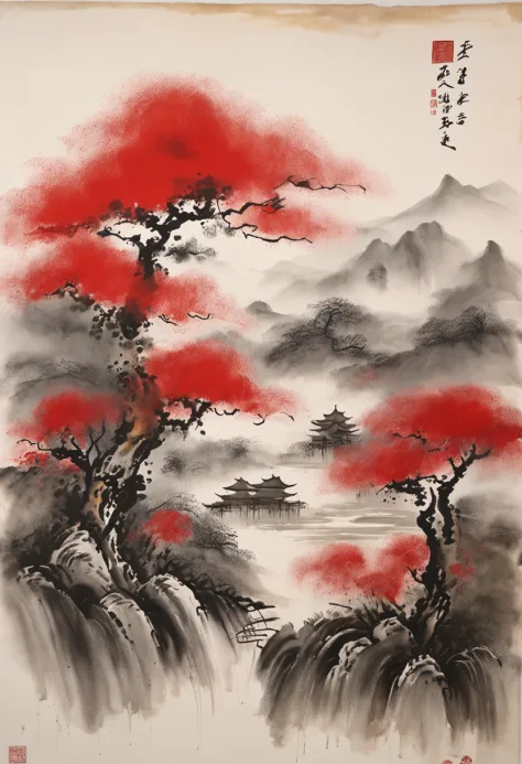 "Traditional Chinese ink landscape painting featuring vibrant red hues. Detailed depiction of rolling hills and lush trees on textured paper. Influenced by ancient Asian and Japanese designs. High-resolution 4k drawing showcasing exquisite artistry and bea...