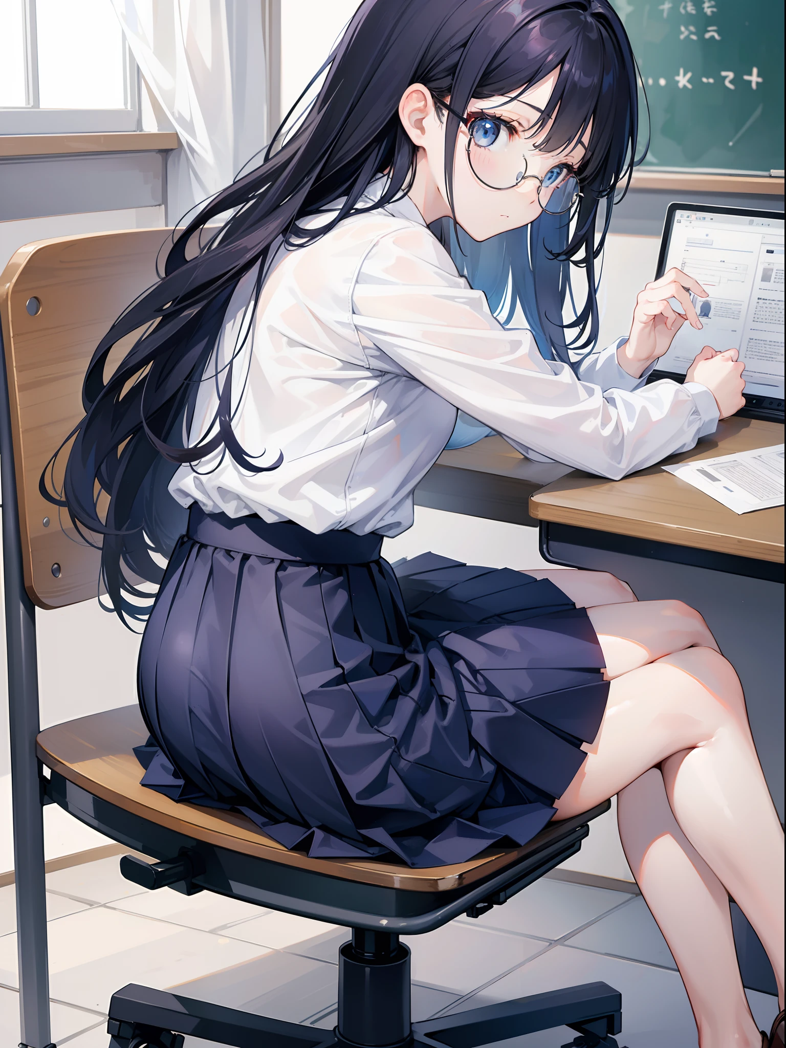 Anime girl sitting at a desk with a laptop and a pen - SeaArt AI