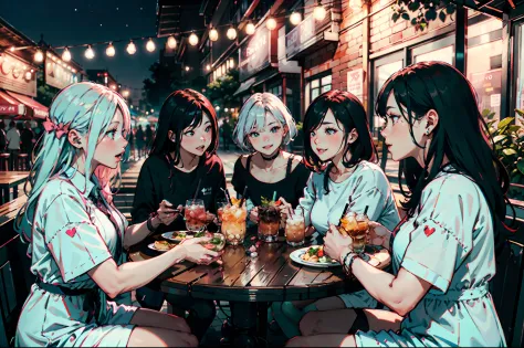 several women sitting at a table with food and drinks, 🤬 🤮 💕 🎀, shot on canon eos r5, shot on canon eos r 5, warm and joyful atmosphere, girl, captured on canon eos r 6, medium portrait, group sit at table, photo taken in 2 0 2 0, summer night, shot on nik...