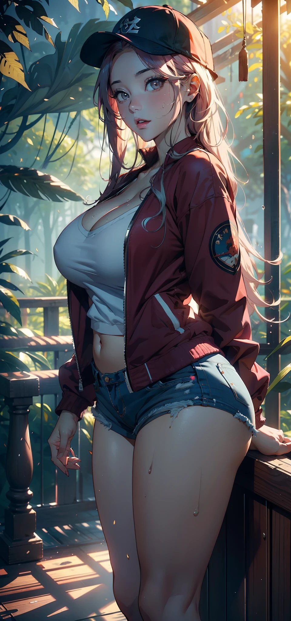 1female，35yo，MILF，gigantic cleavage breasts，Big breasts Thin waist，long leges，Pornographic exposure， solo，（Background with：ln the forest，the rainforest，in summer） She has long pink hair，standing on your feet，Sweat profusely，drenched all over the body，seen from the front， hair straight， mostly cloudy sky，（（（tmasterpiece），（Very detailed CG unity 8K wallpaper），best qualtiy，cinmatic lighting，detailed back ground，beatiful detailed eyes，Bright pupils，（Very fine and beautiful），（Beautiful and detailed eye description），ultra - detailed，tmasterpiece，）），facing at camera，（Full body photo），Show shoes，A high resolution，ultra - detailed），revealing breasts，Bare genitals， Lower body elevation，Raised sexy，Camel toes，Flushed complexion，Open-mouthed，frontage，baseball cap（Wearing：Red baseball jacket，Erotic denim shorts，athletic sneakers）nakeness，