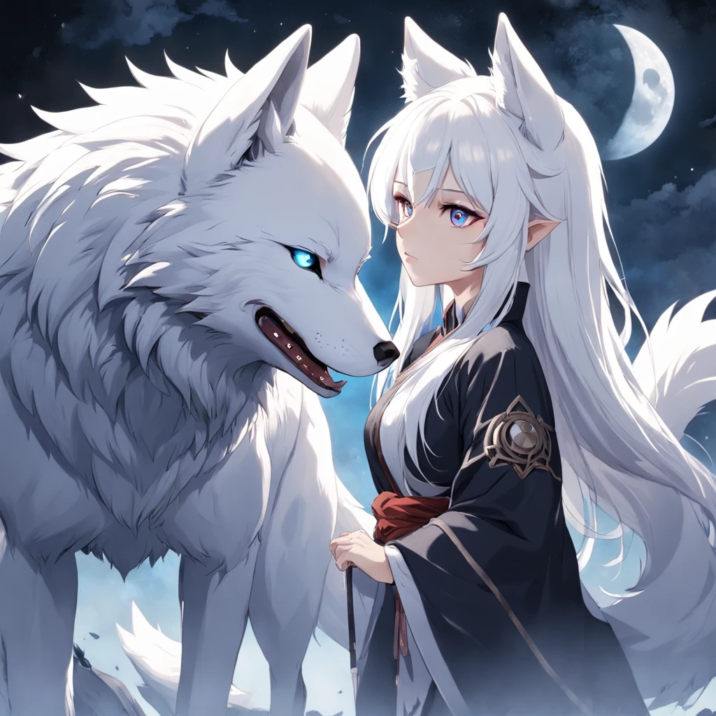 Anime character with white hair and white wolf before the full moon, by ...