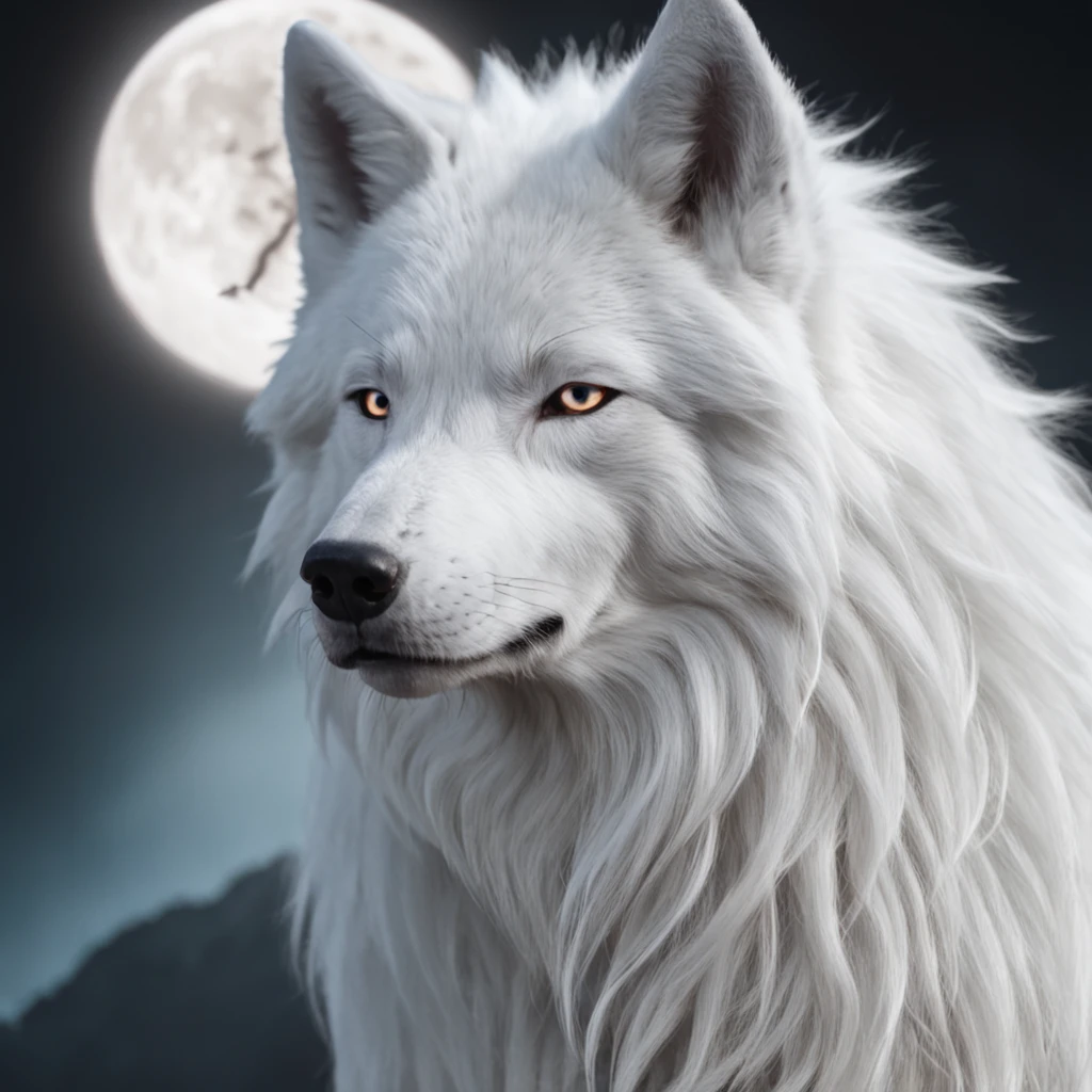 Anime character with white hair and white wolf before the full moon ...