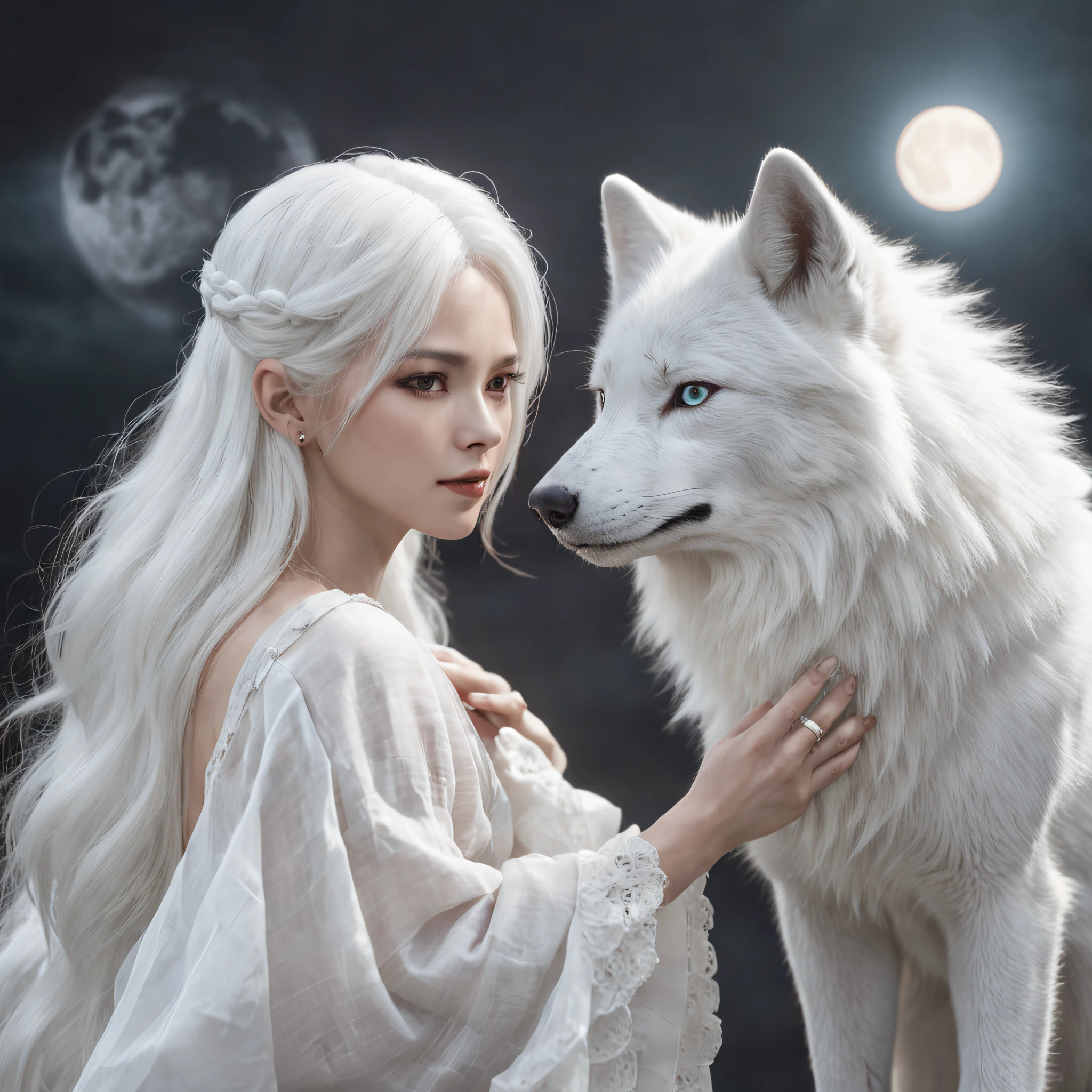 Anime character with white hair and white wolf before the full moon, fantasy fox love, White-haired fox, white fox anime, Anime fantasy illustration, White fox, art of silverfox,Best quality, Masterpiece, 超高分辨率, (photograph realistic:1.4), ultra-realistic realism, Dream-like,fusionart, Shadowdancer, shadow magic, darkness control, stealth, shadowstep, umbral spells,