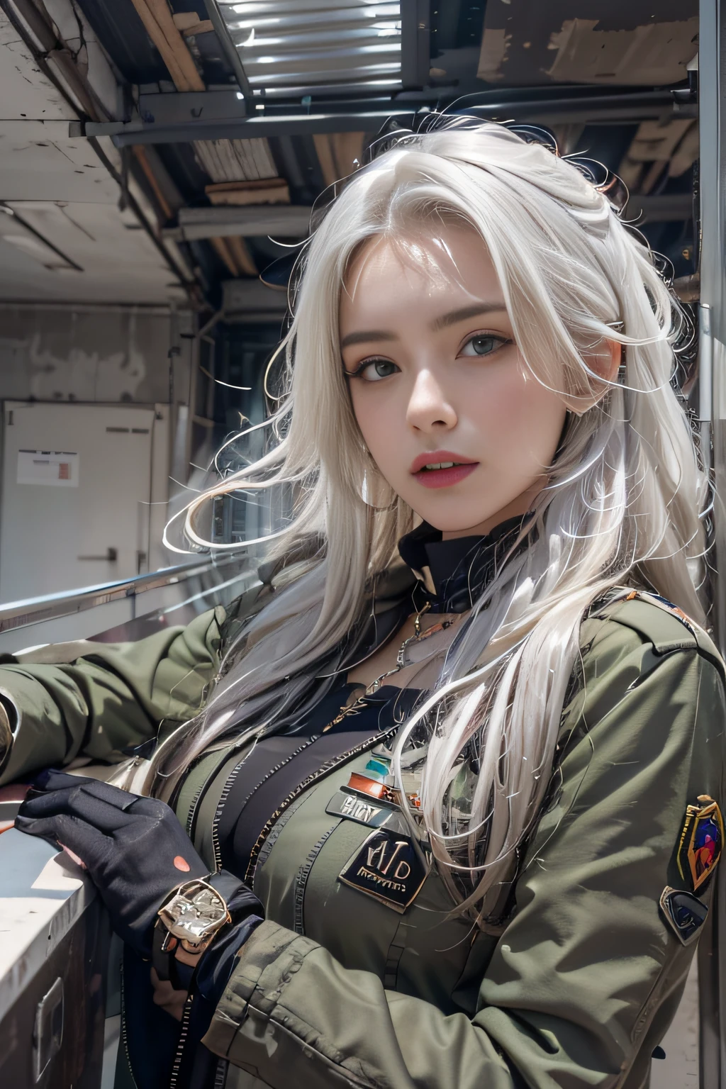 Photorealistic, high resolution, 1womanl, Solo, Hips up, view the viewer, (Detailed face), White hair, Long hair, army suit, jewelry