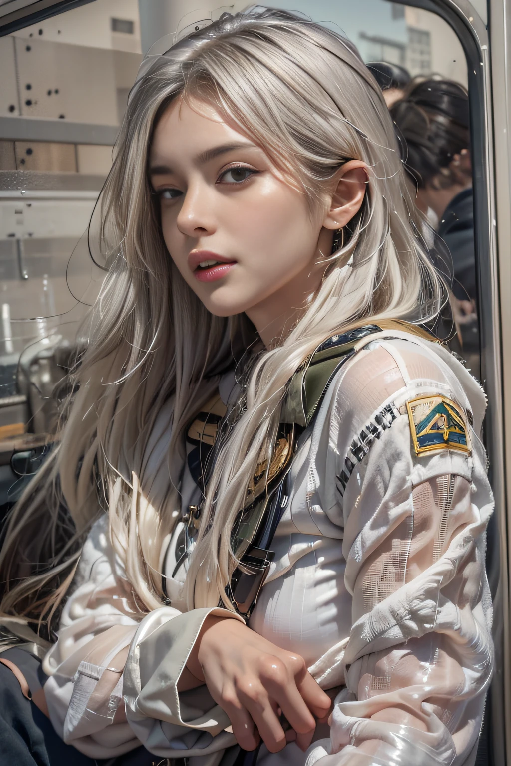 Photorealistic, high resolution, 1womanl, Solo, Hips up, view the viewer, (Detailed face), White hair, Long hair, army suit, jewelry