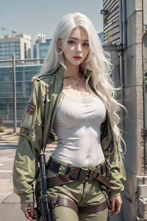 Photorealistic, high resolution, 1womanl, Solo, Hips up, view the viewer, (Detailed face), White hair, Long hair, army suit, jew...