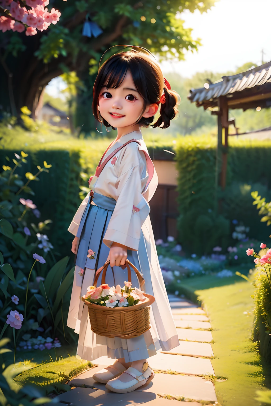 A little Chinese girl, wearing Hanfu, light pink clothes, light skirt, carrying a small basket, wearing a horse face skirt, black hair, black eyes, cute, happy, big eyes, masterpiece, details, lighting effects, movie effects. Garden background full of peony flowers, blurred background, depth of field effect, cartoon, comic