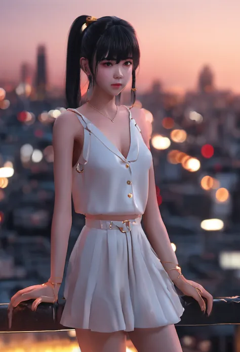 (top-quality、in 8K、32K、​masterpiece、nffsw、ighly detailed、Impresionismo:1.2)、Full body, evening、A city scape、On the rooftop、realistic shadow、beauitful face、blurry backround、16-year-old beautiful girl、shinny skin, Beautiful black hair、Blunt bangs、 braided po...