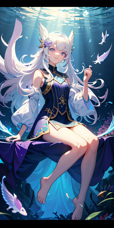 [(Transparent background:1.5)::5],(((masterpiece))),(((best quality))),(((extremely detailed))),illustration, 1girl,solo,mysterious,vivid color,shiny, underwater transparent sealed hemispherical glass dome, (white hair),(purple eyes), full body,barefoot,lo...