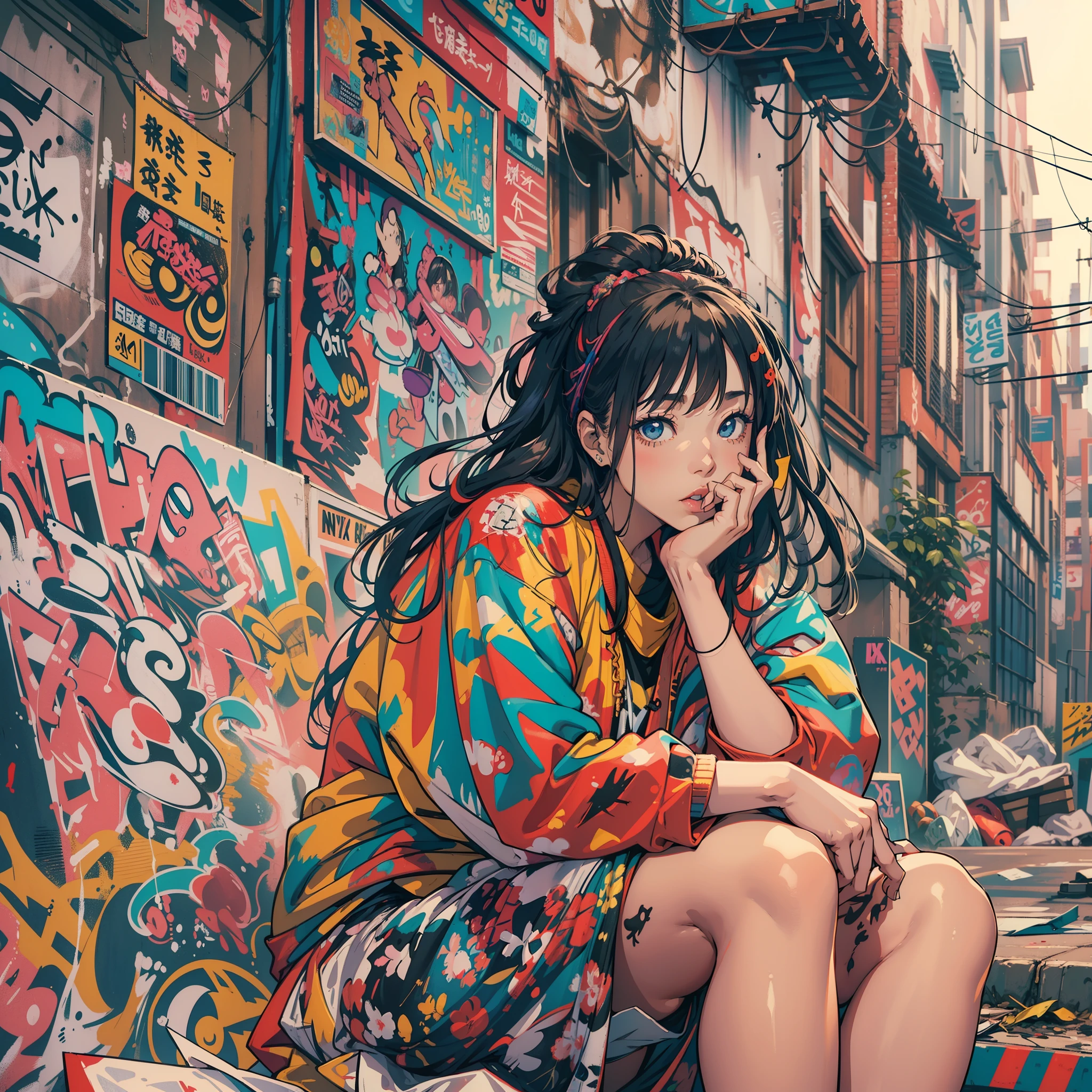 One Girl In A Back Alley、(Super Detail)、(8K)、((Hip Hop Fashion))、(full bodyesbian)、(Fashion of the 90s)、(Brilliant limbs)、(Delicately drawn figures in detail)、(Back alley decorated with graffiti)、tobacco、(Women's fashion)、(Colorful and pop design)、(Around the back alley)、(Iconic art and posters from the 90s)、(cigarette smoke)、Female facial expressions、(the pose)、(Spirit of the times)