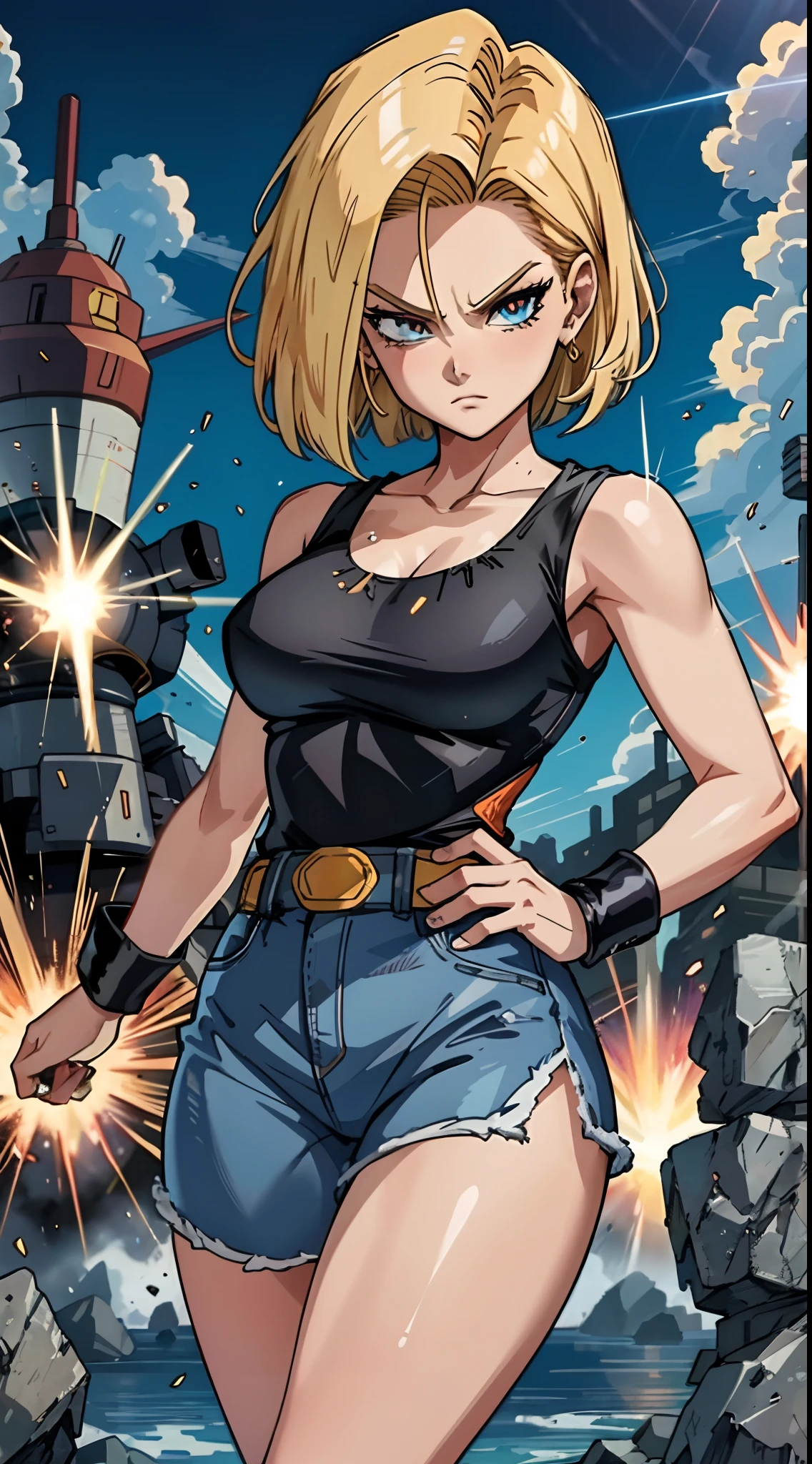 "Android 18 unleashes her immense power, Produce awesome, Destructive energy explosion."