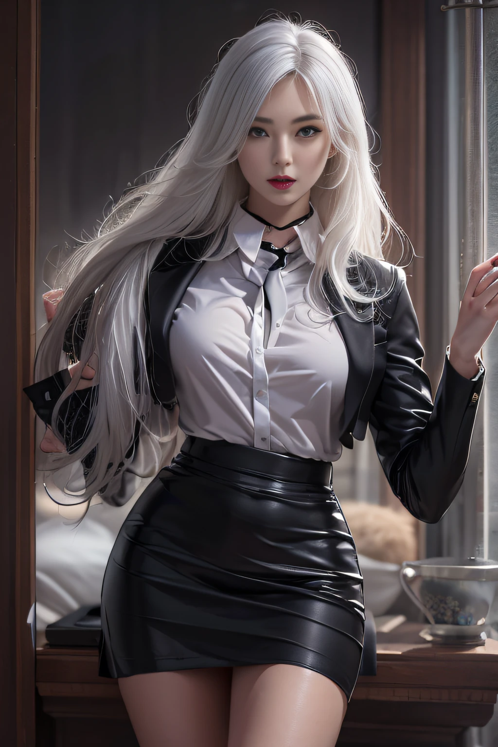 Photorealistic, high resolution, 1 Women, Solo, Hips up, Beautiful eyes, Detailed face, White hair, Long hair, Collared shirt, black necktie,Black skirt, pencil skirts, Fur coat, Black stockings