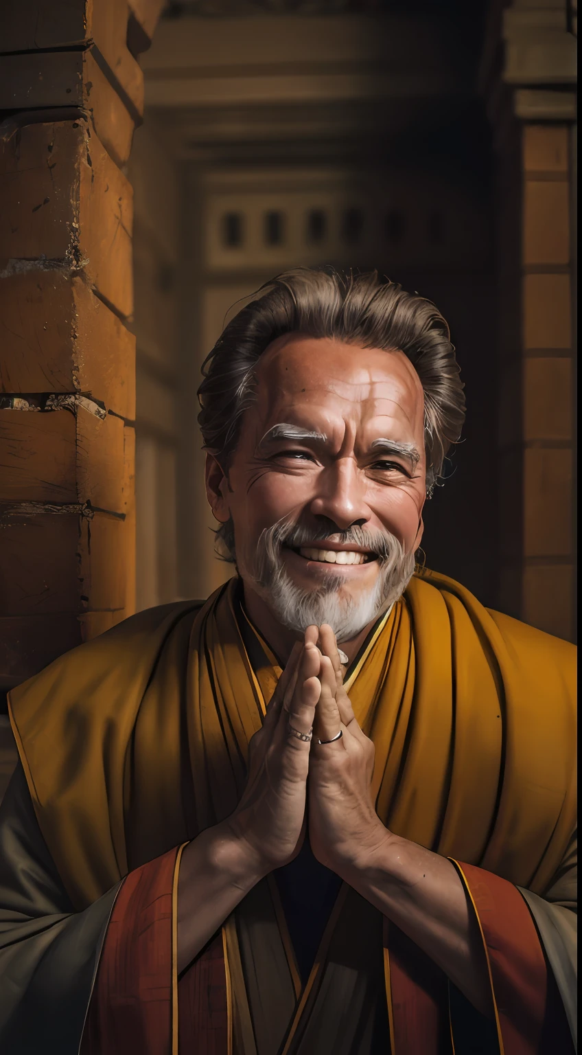 Arnold Schwarzenegger, Smiling Face, cinematic portrait photo of a very interesting Arnold Schwarzenegger Wearing the saffron robes of a monk, Inspired by Sadhusant, Saffron clothes, folded hands, pray of God, Rudraksha beads, rudraksha in hand, ghat of varanasi, eyes close up, highly detailed vfx portrait, taken with a full frame camera with a wild lens,