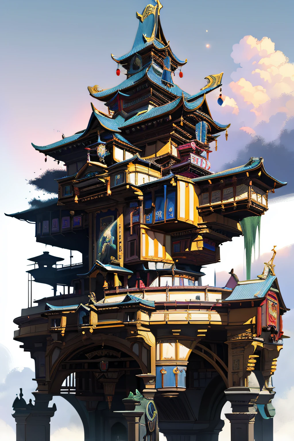 Game Academy，Ethno-style architecture，Ancient Chinese，Structurally sound、High-definition details，sci-fy，neonlight，cyber punk perssonage，Exaggerated particle effects，perfect works，White background，Cloudy sky, Cloud, Pastel color,（tmasterpiece，top-quality，best qualtiy，offcial art，Beauty and aesthetics：1.2），（8K，best qualtiy，tmasterpiece：1.2）