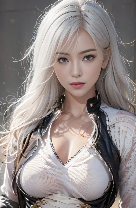 Photorealistic, high resolution, 1 Women, Solo, Hips up, view the viewer, (Detailed face), White hair, Long hair, Medium breasts...