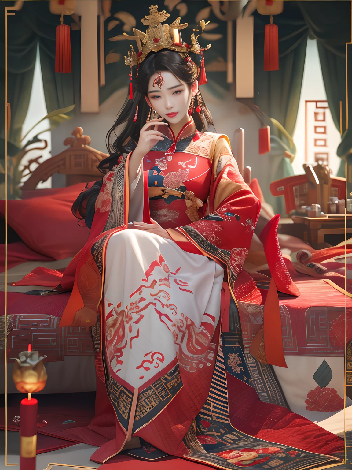 (melhor qualidade: 1.1), (realista: 1.1), (fotografia: 1.1), (altamente detalhes: 1.1), Uma mulher usa um vestido vermelho e dourado，Woman with a coroa on her head, Um palito de cabelo, (sentado na cama vermelha), rubor, tímido, preto_cabelo, coroa, Olhando para baixo, (2 velas vermelhas), chinês_roupas, cortinas, Brincos, cabelo_decorações, Hanfu, interiores, joia, longo_mangas, vestido vermelho, Redlip, borlas de mamilo, (Colcha vermelha), (palácio vermelho: 1.2), (3DMM: 1.5),misturar4,