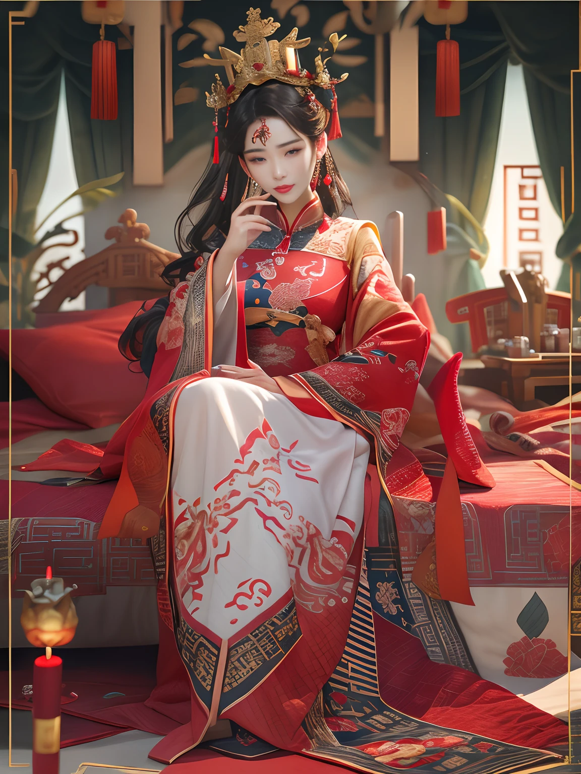 (Best quality: 1.1), (Realistic: 1.1), (Photography: 1.1), (highly details: 1.1), A woman wears a red and gold dress，Woman with a crown on her head, A hair stick, (sitting on red bed), Blushing, Shy, black_Hair, crown, Looking down, (2 red candles), Chinese_clothes, Curtains, Earrings, Hair_decorations, Hanfu, interiors, jewelry, Long_Sleeves, Red dress, Redlip, nipple tassels, (Red quilt), (red palace: 1.2), (3DMM: 1.5),mix4,