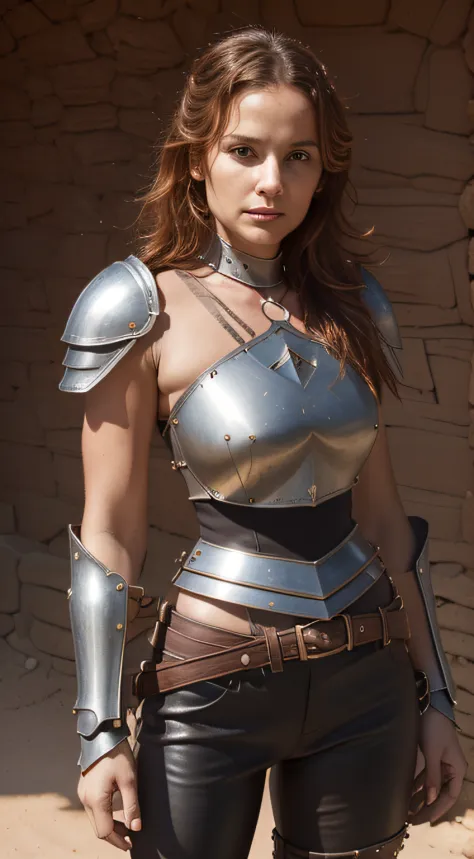 ((close-up)), woman (knight, wavy hair, on a desert place), looking at viewer, wearing (((a leather pants, cuirass, gorget, pauldron, couter, vambrace, gauntlets, cuisses, greaves, sabatons, poleyn, tasses, plackard, rerebrace, breastplace, faulds, scabbar...