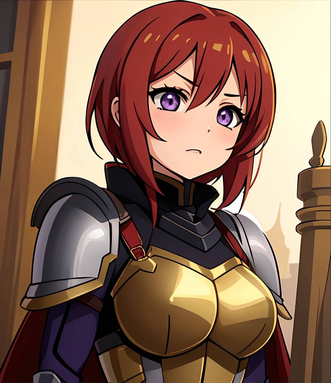 Nishikino maki, Purple eyes, red hair, short hair,(armor:1.2),Golden Armor , llchar,  upper body,solo, face close up,big breasts,chibi