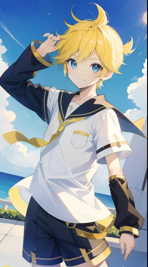 one boy, len_kagamine, sailor uniform, short pants, smile, cool, outdoor, character focus, cowboy shot, cool, handsome