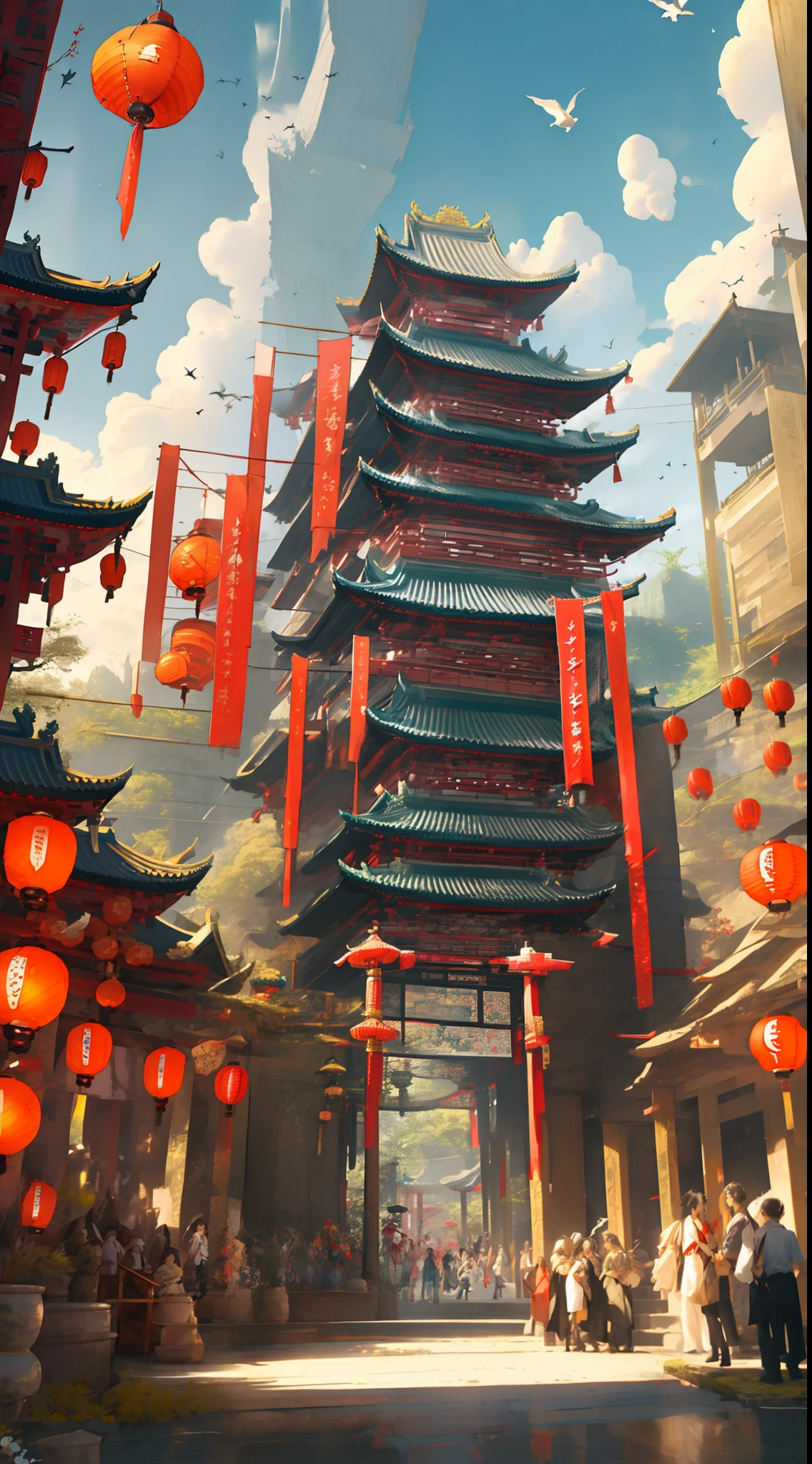 architecture, architecture est-asiatique, paysage, lanterne, pagode, En plein air, Ciel, lanterne de papiere, nuage, oiseau, bâtiment, arbre, debout, montagne, pont, holding, plusieurs filles, 6+garçons, jour, chef-d&#39;œuvre, Meilleure qualité,