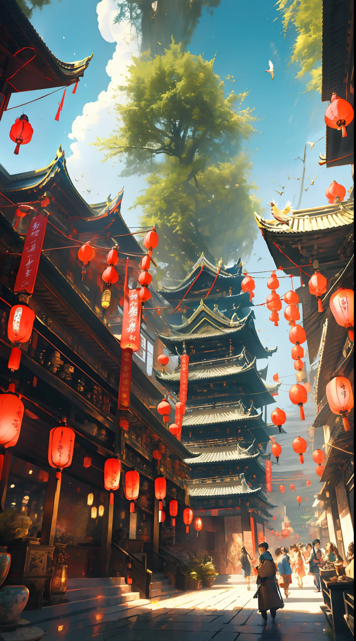 建築學, east asian 建築學, 風景, 燈籠, 寶塔, 戶外, 天空, paper 燈籠, 雲, 鳥, 大樓, 樹, 常設, 山, 橋, 保持, 多個女孩, 6+男孩們, 天, 傑作, 最好的品質,