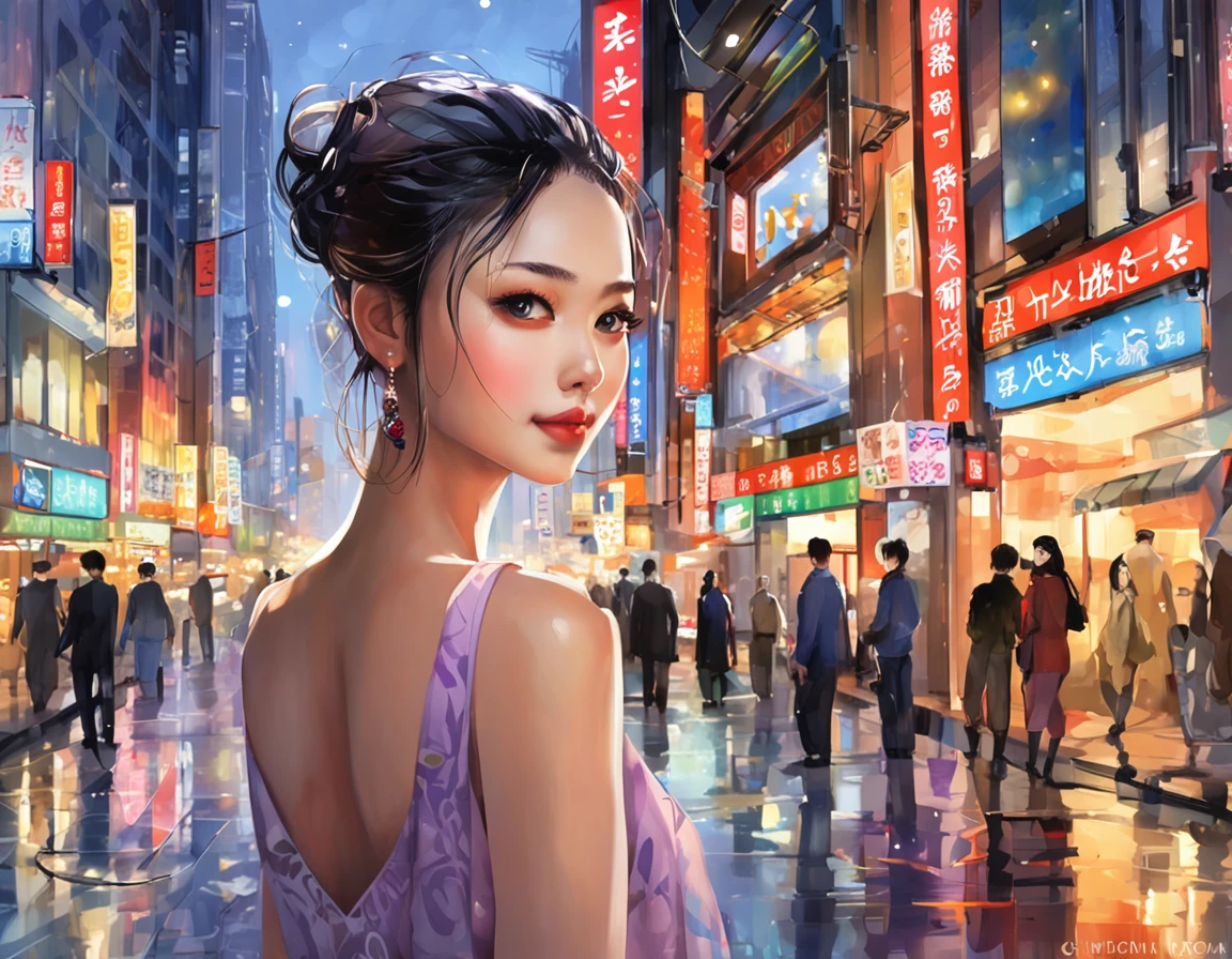 (tmasterpiece)，(top-quality)，(nffsw)，Located in Tokyo's bustling neon streets at dusk, Capture the glittering reflections of skyscrapers in a tranquil puddle below, Artistic style to embody 3D models. Amplified Ultra HD, Detail of a young woman's complex face, City lights illuminate, Convey feelings of both longing and anticipation. Her beauty was perfect, Consists of a wide-angle configuration，Arrange asymmetrically to increase vitality. producer：Alastair Manardo