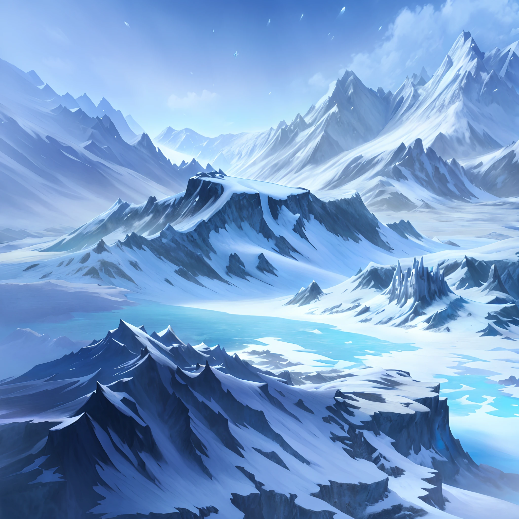 Snow-capped mountain landscape，Frozen lake， Arte conceitual de inverno, Snowy environment, Snowy plains, icey tundra background, Snowy mountain background, ice mountain, snow wasteland, Snowy mountains, concept-art. epic landscapes, Detailed 4K concept art, painted as a game concept art, scenery game concept art, dota! matte painting concept art