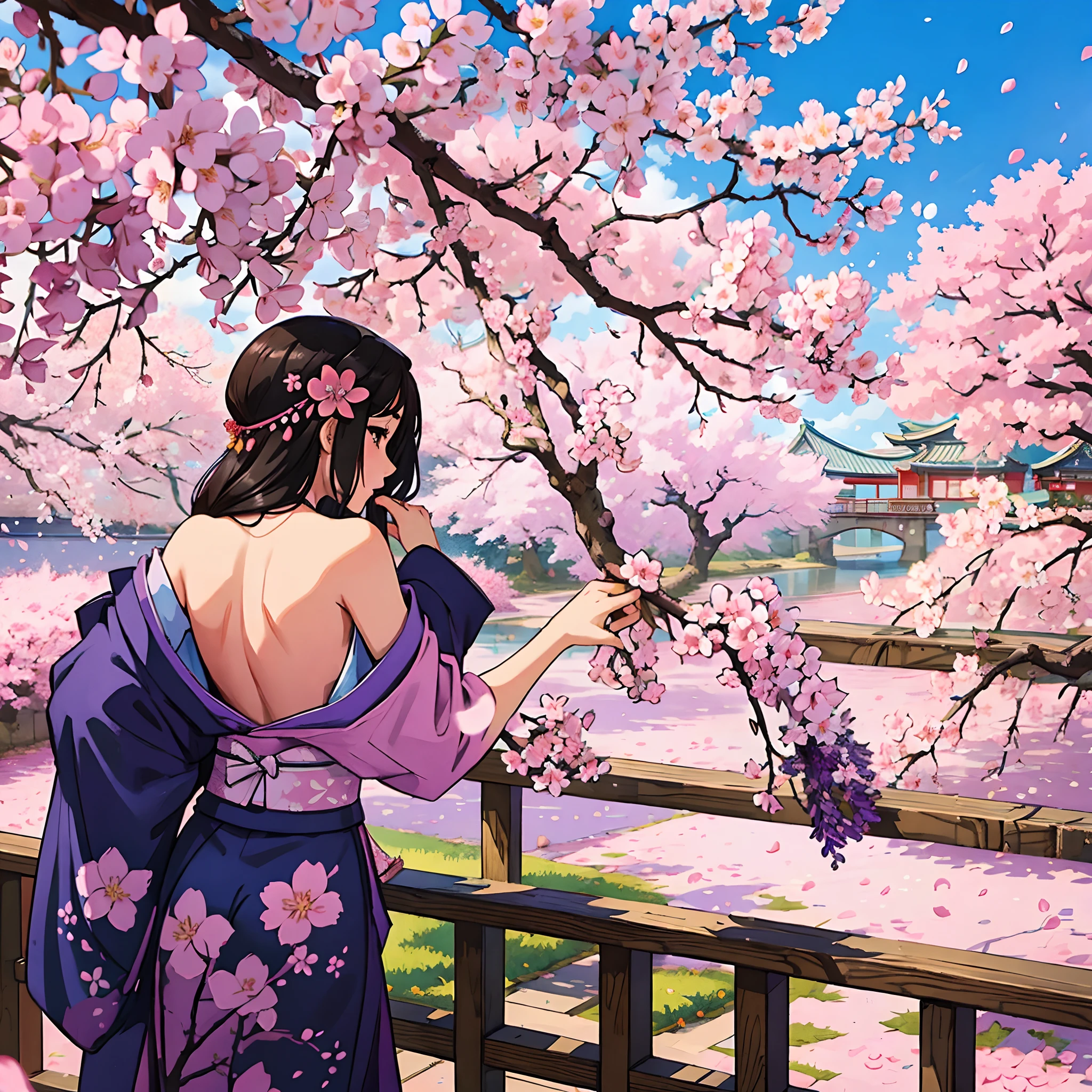 1girl, architecture, ass, back, bare shoulders, black hair, blue sky, branch, breasts, bridge, brown eyes, cherry blossoms, closed fan, day, east asian architecture, falling petals, floral print, flower, from behind, hair ornament, hanami, japanese clothes, kimono, kneepits, long hair, looking at viewer, looking back, obi, petals, petals on liquid, pink flower, plum blossoms, railing, sash, sideboob, sky, solo, spring \(season\), standing, tree, umbrella, wisteria