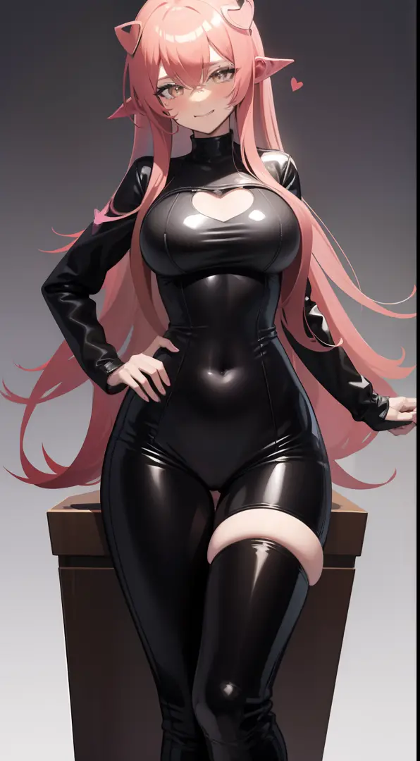 Women, cute, smug, heart shaped pupils, very tall, athletic, skin tight leotard, black latex leotard, long pink hair, dominant, one person, gesture, full body picture