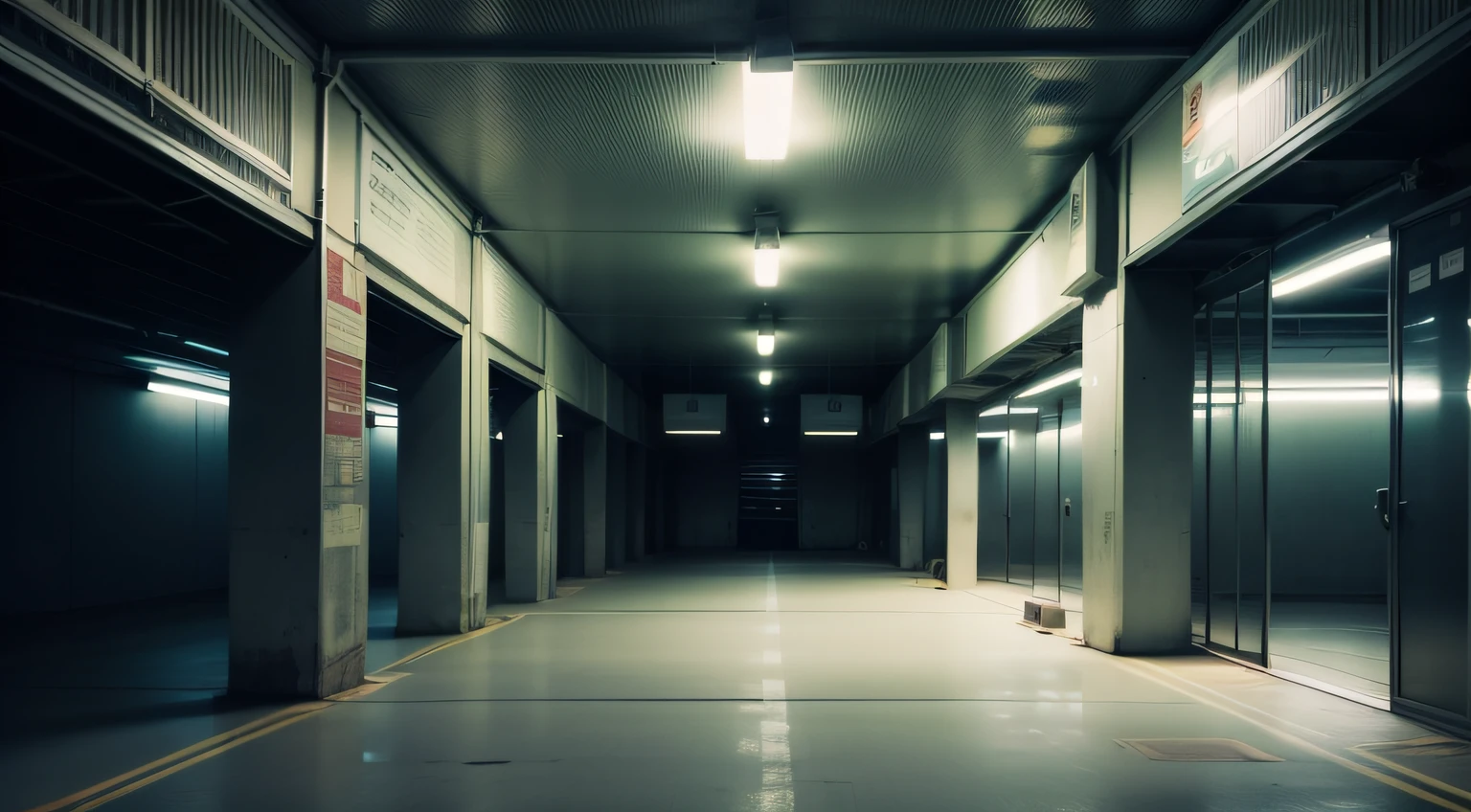 "Empty, mysterious void deck area with dim lighting and a sense of solitude."