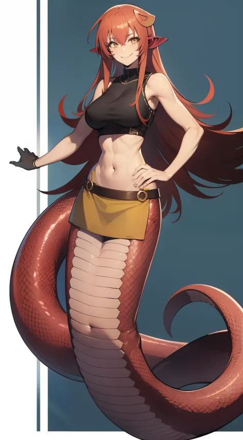 Furry, scaly, snake women, red scaled tail, monster musume, miia, smug, smile, high resolution, skirt, crop top, muscular, full body picture, 1 person