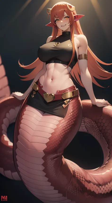 Furry, scaly, snake women, red scaled tail, monster musume, miia, smug, smile, high resolution, skirt, crop top, muscular, full body picture, 1 person, dynamic lighting, 4k resolution, flawless, cute fangs, big breasts, wide hips